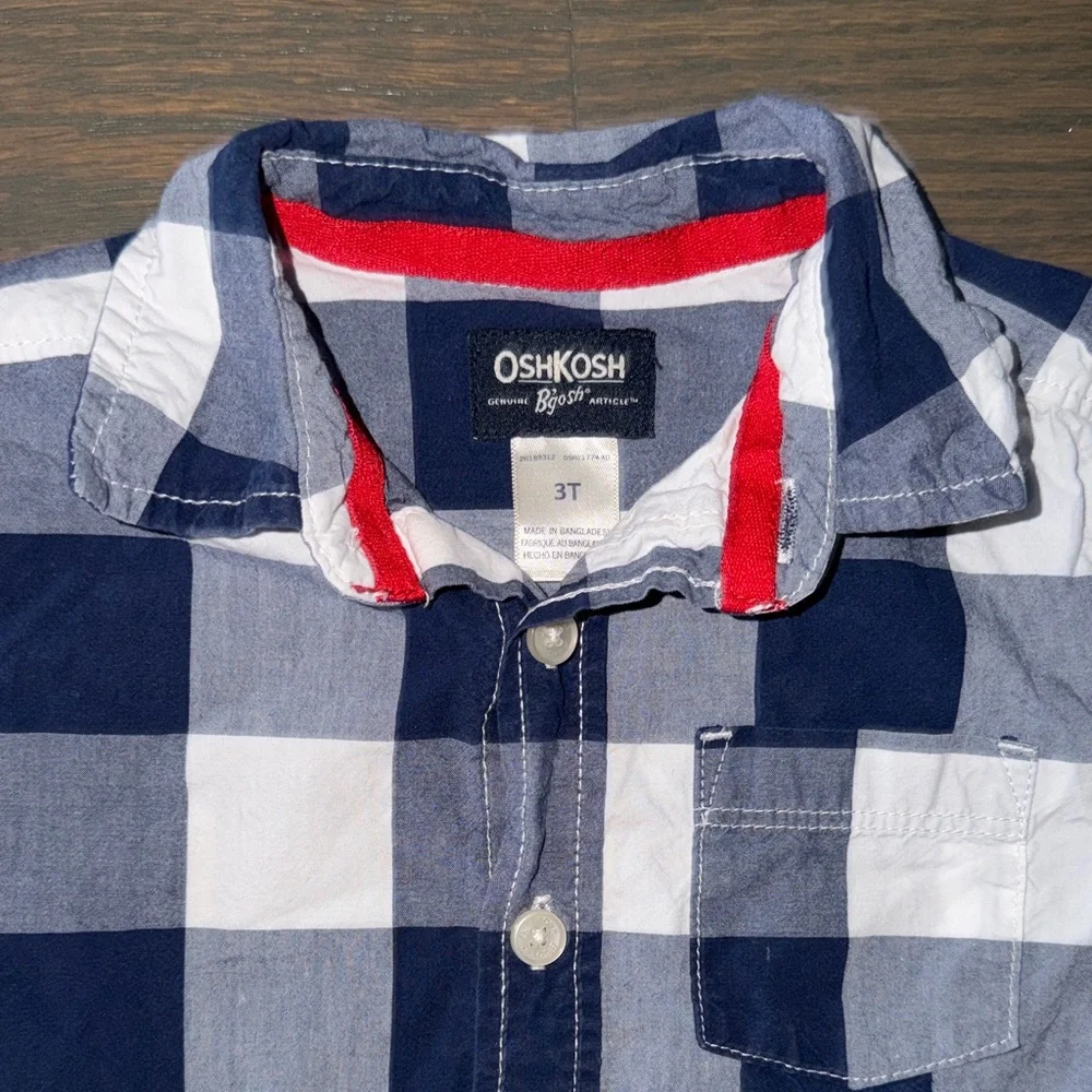 OshKosh B'gosh Navy & White Short Sleeve Checkered Button-Down Shirt | 3T
